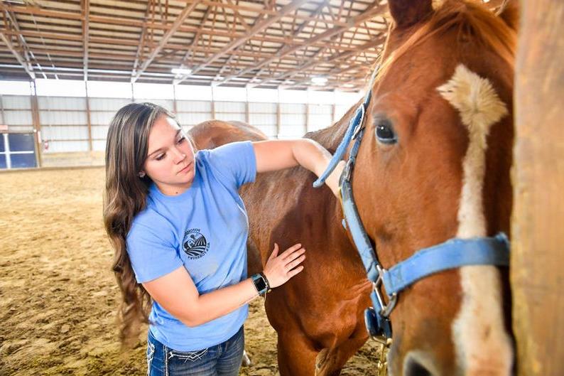 Pictured brushing one of the College’s Quarter Horses is Darian Bender, who graduated this spring with an AAS degree in Animal Science. She is enrolled in the SAGE four-year degree program starting this fall.